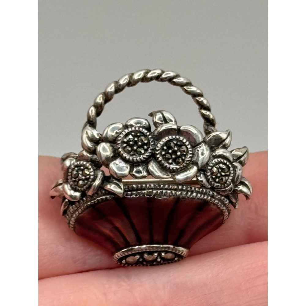 Judith Jack Sterling Silver Marcasite Enamel Flower Basket‎ Brooch Pin
